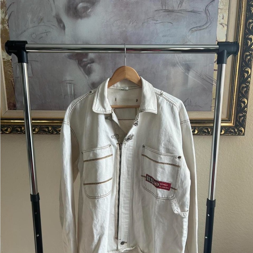 Vintage Cream Denim Jacket with Red Accent
